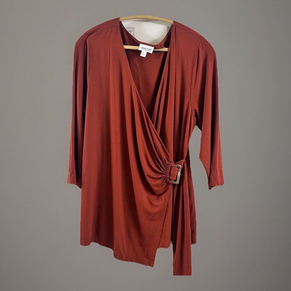 Coldwater Creek Sz L Rust Brown Faux Wrap Buckle Top 3/4 Sleeve Jersey Knit Soft